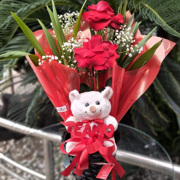 24 - Arranjo com 2 Rosas Colombianas + Cachepo Médio + Urso P